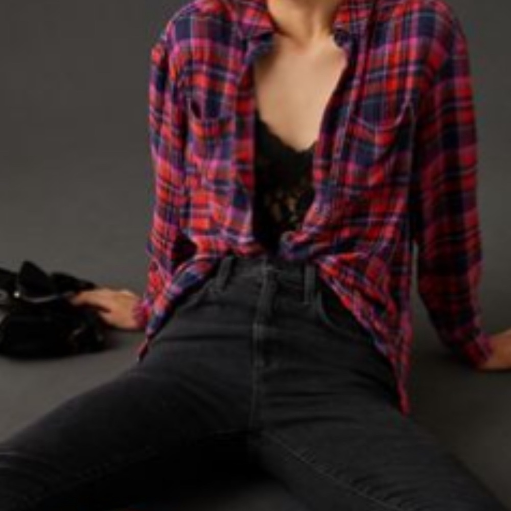 Anthropologie Red and Blue Plaid Button Down Shirt